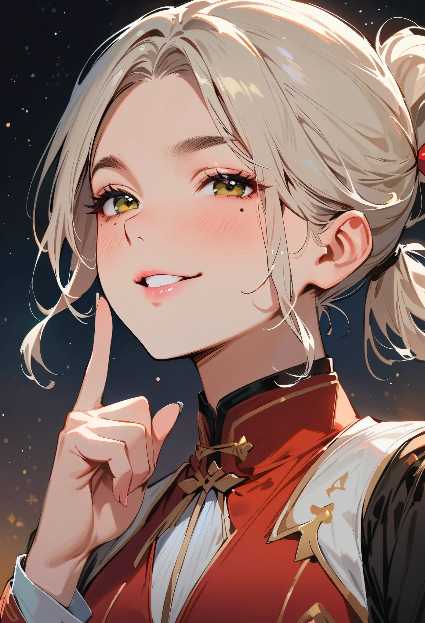 (masterpiece, best quality:1.4), 1 girl, 独奏, Star pupil, Blurred eyes, Close your left eye, Smile, Look up and down, peace gesture, Right tear mole, (Green double ponytail hairstyle:1.2), Royal sister, large breasts, Vest, Midnight starry sky background.
