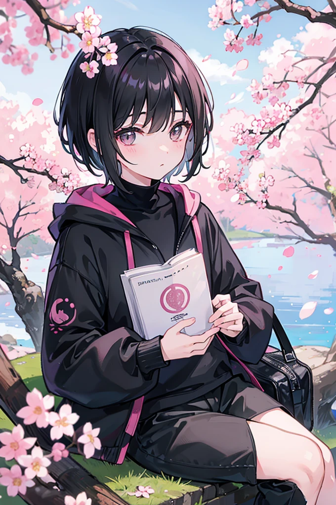 sitting under a cherry blossom tree reading a book、Black short hair、Wearing a pink hoodie, a black turtleneck, and black long pants.、youth、man、male