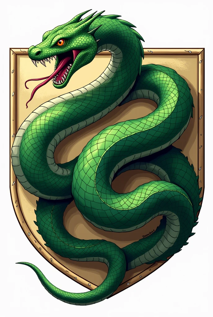 A coat of arms with a green snake with its mouth open showing its fangs and tongue that is inside the coat of arms 