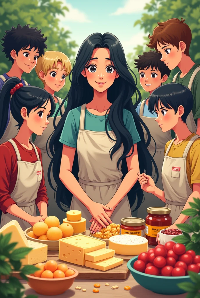 Create an image of a teacher with long black hair, with your students (boys and girls) that are producing products of agricultural origin, like cheeses, iogurtes, candies, compotas, etc. The drawing doesn't need to be so realistic, but it doesn't need to be too simple either. Remembering that they are high school students and both he and the teacher. And do not generate people with oriental characteristics. Place 3 girls and 4 boys in the image. One with dark curly hair, Another with straight hair and a thin body, Another with straight hair and a little overweight. The boys generate a high curly and brown hair, One with short hair, And the other 2 feel free to do as you like. These agers are around 20 years old.