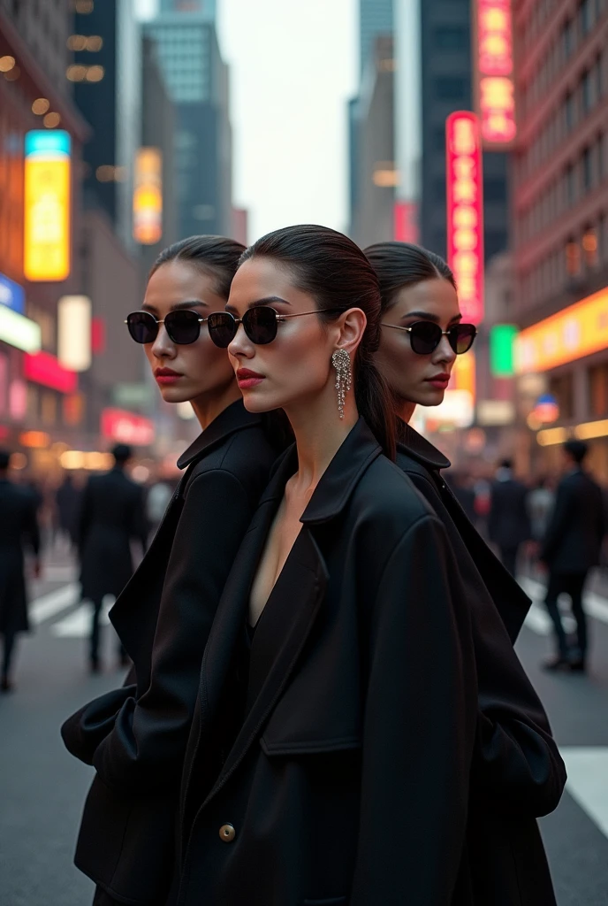Models on the street, Blending into the bustling street space, with bright lights and a back angle of about 60 degrees towards the model