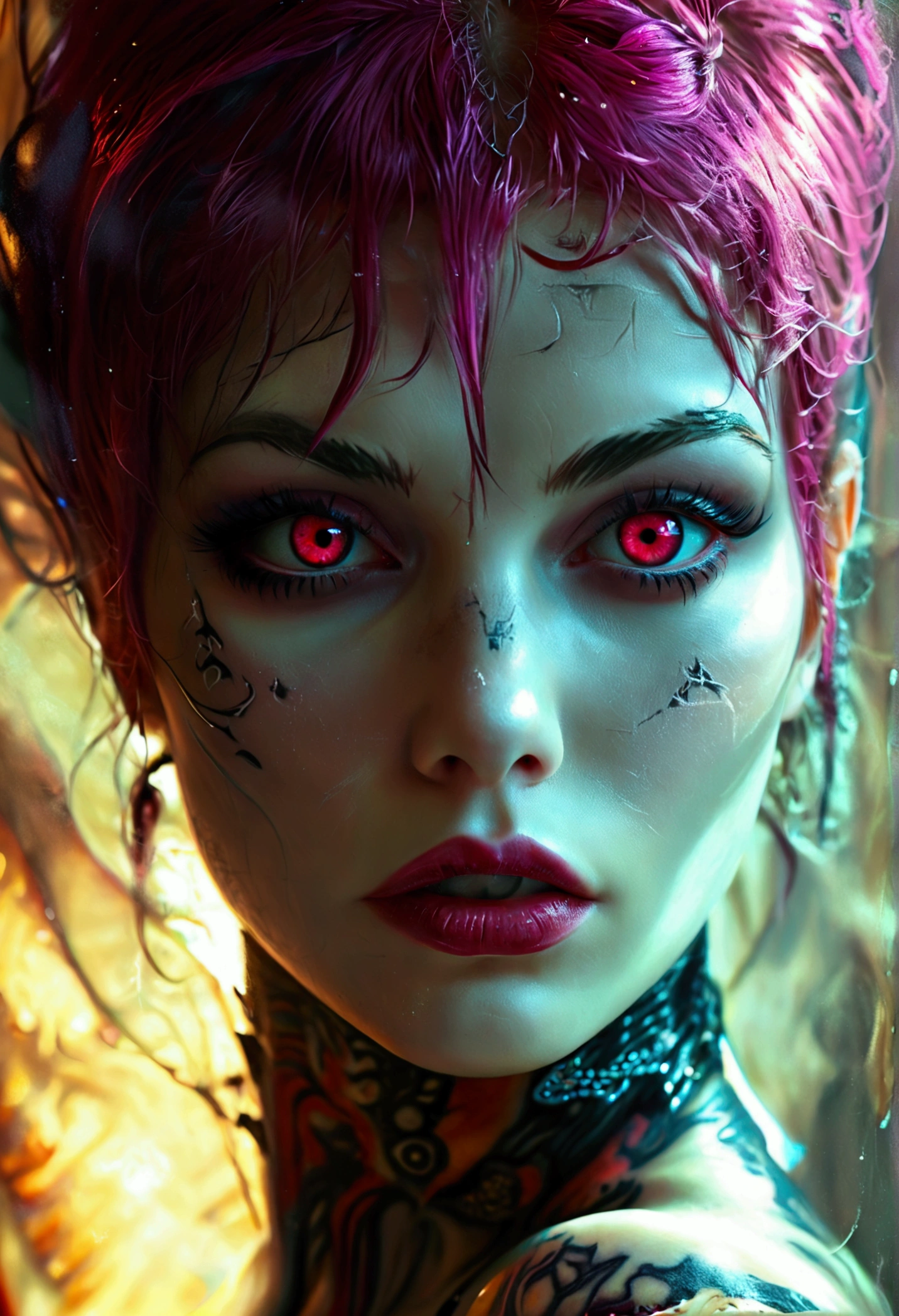 Hr giger tattooed sexy seductive tessa fowler, hyper detailed ruby eyes, full body view,