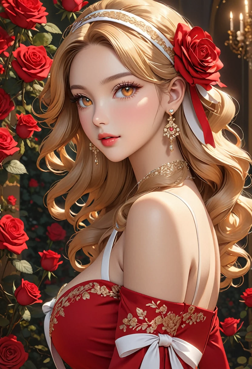 ((best quality)), ((artwork)), ((extremely detailed face)), ((perfect lighting)), ((extremely detailed CG)), ((perfect hands, perfect anatomy)), Sex/Gender= Female
Age= 23
((Hair= Golden-blond, wavy, long))
((Eyes= Crimson, slit-like pupils, long lashes))
Features= Ravishingly beautiful, slender, voluptuous figure, large bust, narrow waist, curvaceous butt, light skin tone
Height= 5′1"
Outfit= Elegant red dress with roses and white ribbons, headband, gold earrings.]
