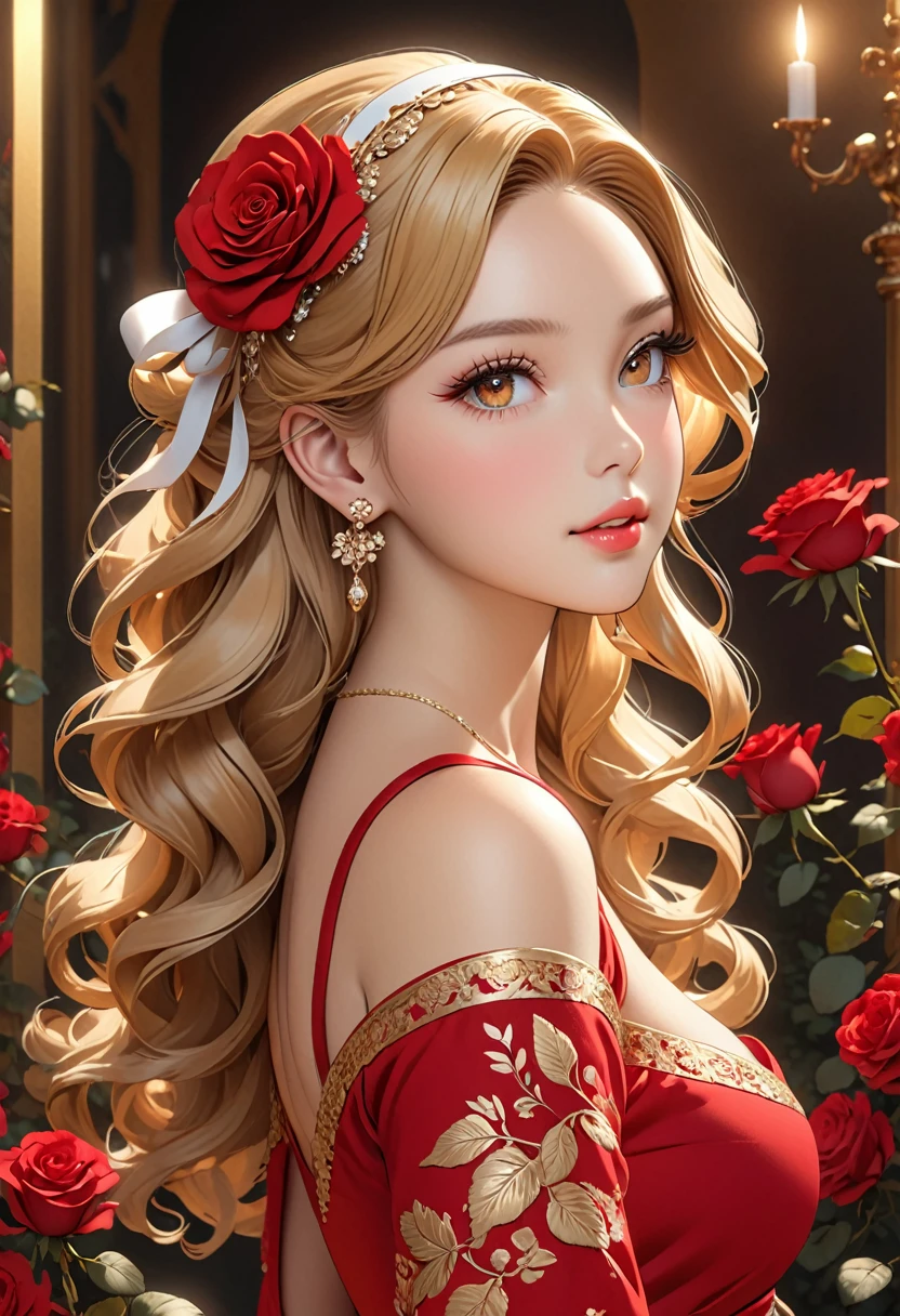 ((best quality)), ((artwork)), ((extremely detailed face)), ((perfect lighting)), ((extremely detailed CG)), ((perfect hands, perfect anatomy)), Sex/Gender= Female
Age= 23
((Hair= Golden-blond, wavy, long))
((Eyes= Crimson, slit-like pupils, long lashes))
Features= Ravishingly beautiful, slender, voluptuous figure, large bust, narrow waist, curvaceous butt, light skin tone
Height= 5′1"
Outfit= Elegant red dress with roses and white ribbons, headband, gold earrings.]
