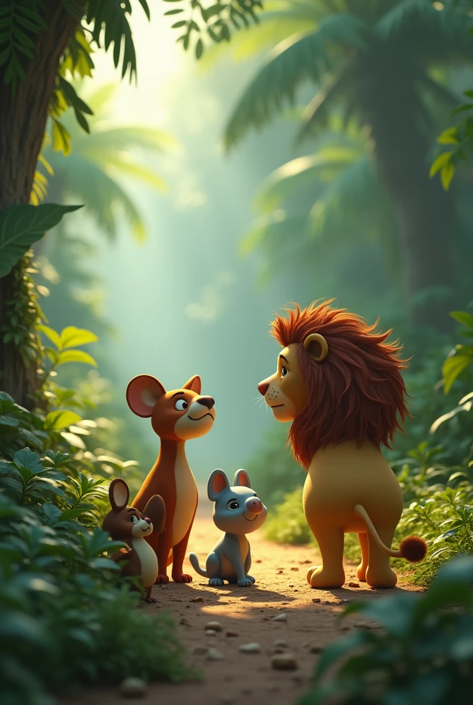 In 3d animation style '' lion, looking defeated and tired, slowly walks away from the jungle, glancing back at the four rabit and fox , Elephant ,Parrot 4 Friends who stand united, watching him leaves