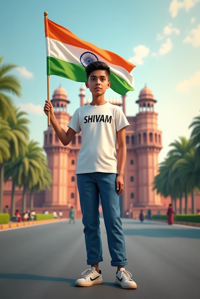 Generate a Realistic 19 years old boy, Wearing White T shirt blue lower sneakers and the name "SHIVAM" is written on his t-shirt and the boy is standing on the road with holding a national flag of India, and behind him is the Red Fort Delhi. And written on sky "Independence Day" Create Realistic image high quality