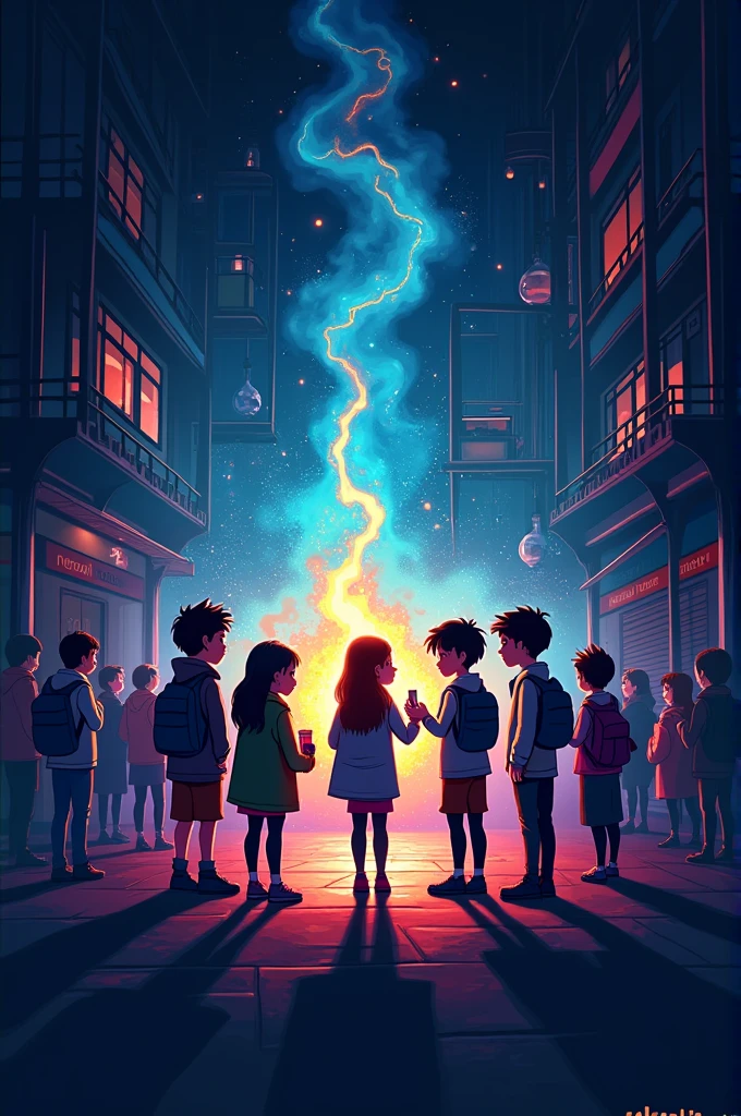  The four friends, each with a unique expression, are gathered on a terrace, with the witch city stretching out below them. over the horizon, a bright and colorful portal opens, revealing an unknown dimension. with the name "THE 4" in the middle, more 3D image, and they looking forward 