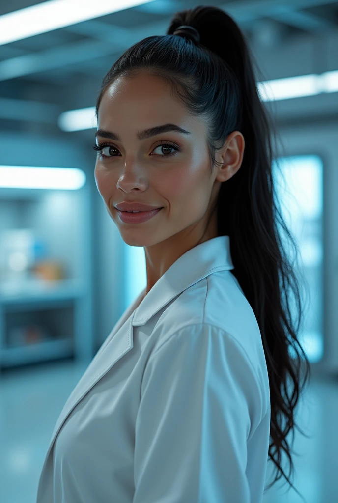 hyper realistic portrait of Jennifer Lopez 20 years old, with long flowing black hair and brown eyes. She should have a natural, approachable expression and be lit by soft, blue light, canon eos r5, raw format, wearing detailed lab coat, skilled in robotics, background is a detailed large modern mansion with scientific laboratory, full body, pose, ponytail hairstyle, full body photo