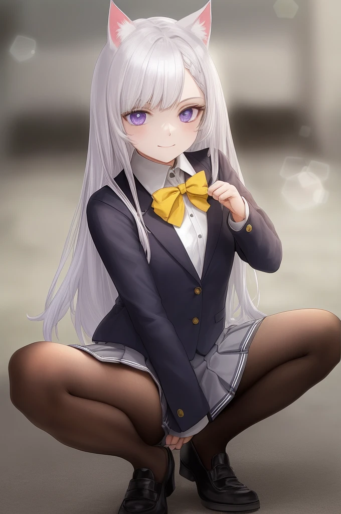 A cat lady，A pair of white cat ears，A head of gray-white hair。A lock of hair between her eyes，With a touch of pink highlights on top。Small chest。A pair of blue-purple eyes。
age，Height around 140cm，Petite。
She is currently squatting on the floor.，Showing a cunning expression（Bad smile）。
JK school uniform、Yellow sailor collar、Yellow bow、Pleated Skirt、miniskirt、Black pantyhose、Small leather shoes。

beautiful eyes，Extremely custom-made，8k wallpaper，high resolution，Beautiful custom-made eyes，Exquisite custom-made hair，Exquisite custom-made clothes，color，Light，Caustics，Lens flare、Bokeh，She scored high，masterpiece。