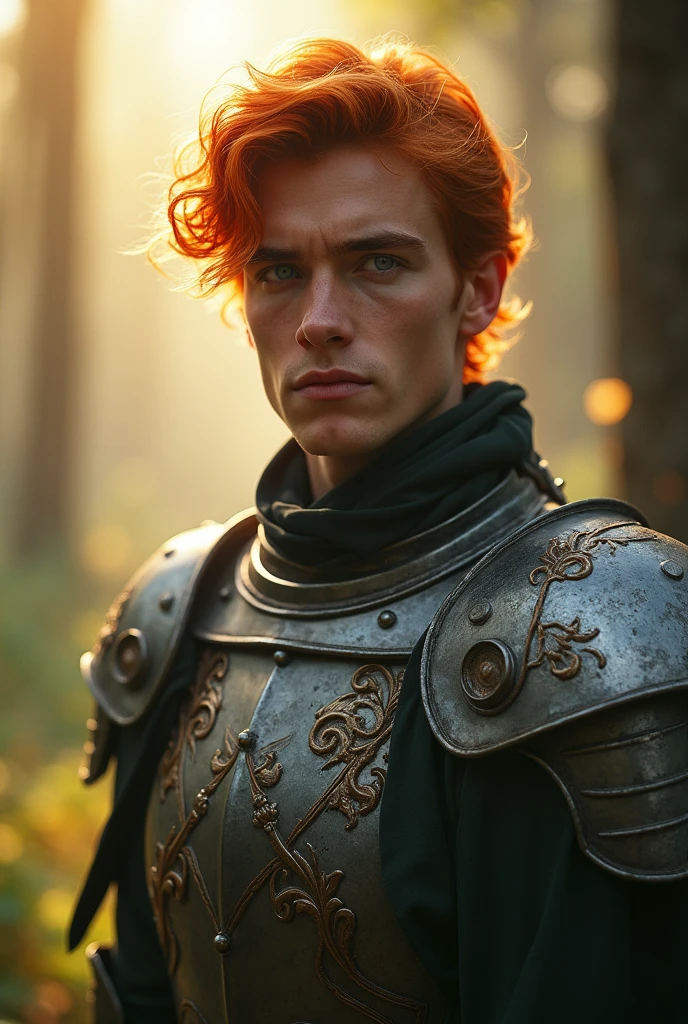 Photo réaliste Tres beau jeune homme charmant regard et tête angelique cheveux roux yeux bleu perçant lèvres roses et brillante en armure sous le soleil dzns un forêt brouillard