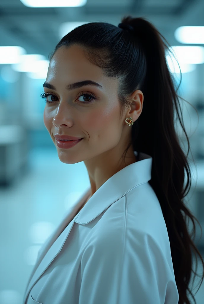 hyper realistic portrait of Jennifer Lopez 20 years old, with long flowing black hair and brown eyes. She should have a natural, approachable expression and be lit by soft, blue light, canon eos r5, raw format, wearing detailed lab coat, skilled in robotics, background is a detailed large modern mansion with scientific laboratory, full body, pose, ponytail hairstyle, full body photo