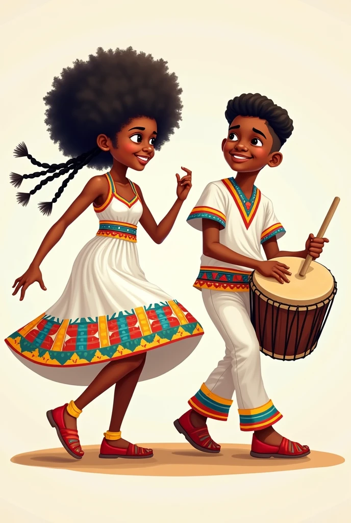 Cartoons of an Afro-Bolivian girl with braids dancing saya wearing a white dress with the colors of Bolivia and a boy from the Yungas dressed in white with the colors of Bolivia playing a drum dancing Afro-Bolivian saya with no background