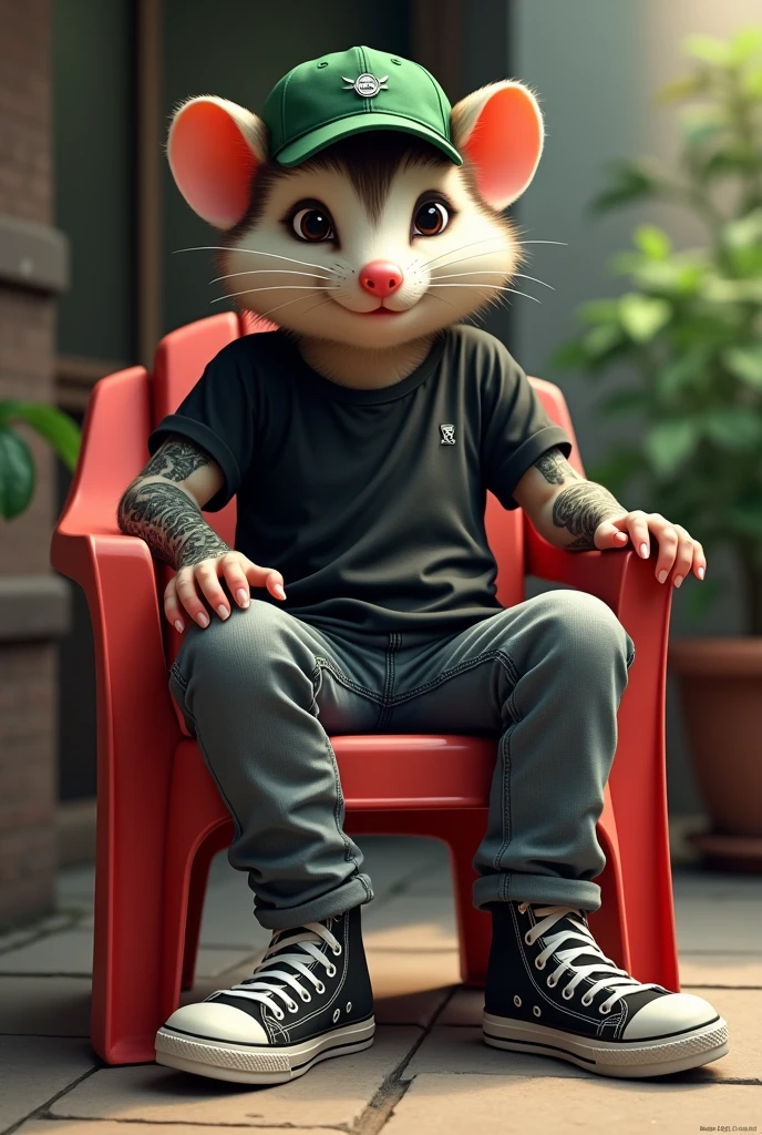 Make me a humanized possum sitting on a red plastic chair wearing gray jeans, black tennis shoes, a black t-shirt, a green cap, and a short-sleeved t-shirt with a single tattoo on the right hand of a wolf with mange smoking a cigarette.