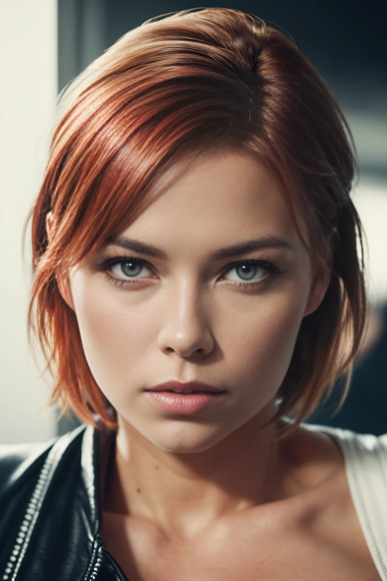 An amazing portrait of a stunning American woman, (40 years old:1.5), tall, voluptuous, hourglass figure, (short pixiecut hairstyle:1.5), (redhead:1.5), (face of Rebecca Romijn:1.6), dressed in leather straps, detailed eyes, detailed hair, stunning facial feature, sweet smile, Perfect eyes, ultra realistic eyes, perfect face, perfect body, cinematographic, color analog film photo, Realistic hair, ((perfect face)), full photo of a sexy beautiful girl, Photograph, photorealistic, Evocative pose, ((Beau)), pose sexy, (Looking at the viewer), germ of art, cinematographic lighting, very high detail, foggy background, photo on Fujifilm Superia 400, Low light, 32K, cinematographic composition, professional calibrations, Film grain, Atmosphere, Wonderful , very stormy. faded film, desaturated, 35mm photo, grainy, vignette, Old, kodacromo, lomography, colored, Very detailed, Images found, Film grain, photography, photoshoot, cinematographic lighting, volumetric lighting, incredibly detailed, hot, sexy, very attractive, super model, (photorealistic:1.3), (of the highest quality:1.3), (Film grain:1.3), (world's best photography:1.3), (professional Photo:1.3), (detailed details:1.3), (cinematographic light:1.3), (cinematographic color:1.3), maximum depth of field, film photography, (intricate details:1), (hyperdetailed:1), heart-shaped pupils.