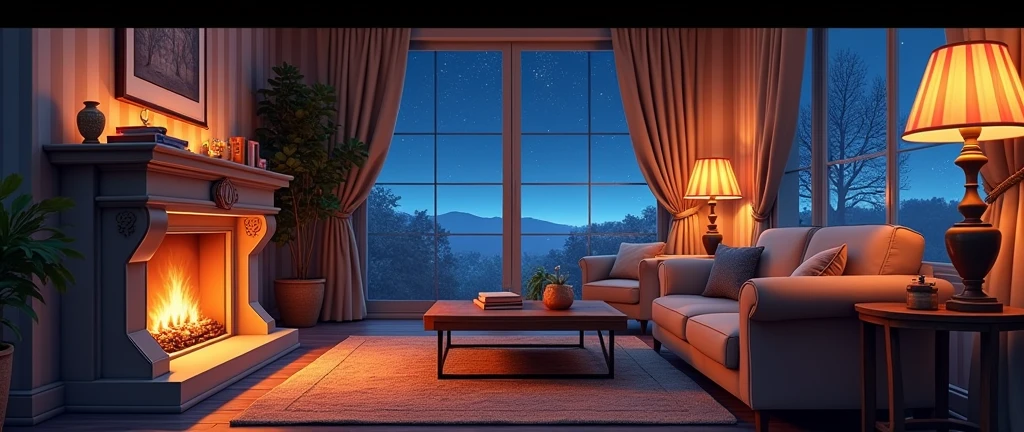 stars appearing in the side window, a brightly lit living room with a fireplace and sofa, cozy home background, detailed lighting and textures, cozy living room background, cozy place, cozy wallpaper, cozy and calm, cozy envirnment, cozy envirnment, Detailed textures and lighting, cozy room, interior background art, Personal room background, cozy atmospheric, cozy and peaceful environment, relaxing concept art