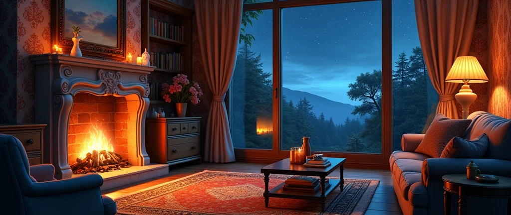stars appearing in the side window, a brightly lit living room with a fireplace and sofa, cozy home background, detailed lighting and textures, cozy living room background, cozy place, cozy wallpaper, cozy and calm, cozy envirnment, cozy envirnment, Detailed textures and lighting, cozy room, interior background art, Personal room background, cozy atmospheric, cozy and peaceful environment, relaxing concept art