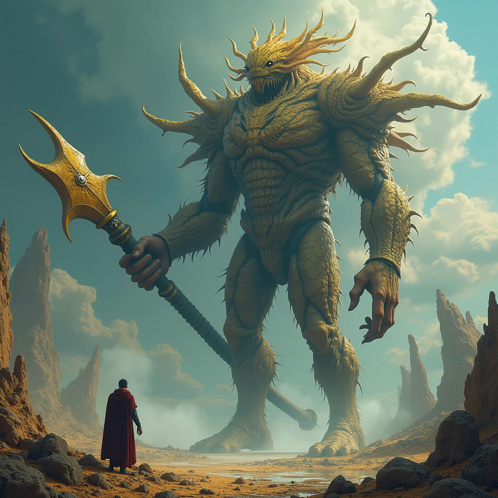 Giant Weapon in hand, full body, Surrealism art style, dreamlike and irrational imagery, explores the unconscious mind, juxtaposition of unlikely elements, challenges reality and logic, (best quality, masterpiece, photorealistic), very aesthetic, perfect composition, intricate details, ultra-detailed, vivid colors
