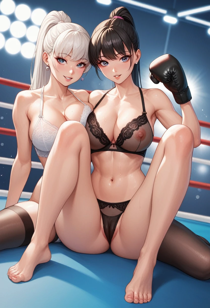 2 girls,（korean beautifull girl，18 years old,White long hair，Slim figure),（Japanese Girl,28 years old,Pretty Face,Slim figure,Black ponytail),Both girls are wearing lingerie，They are all wearing black tights，Wearing boxing gloves，They were all barefoot，Sitting on the boxing ring, making sexy moves,Large Breasts,Cleavage，nipple，Good shape,Long legs，Thin waist，Camel toe