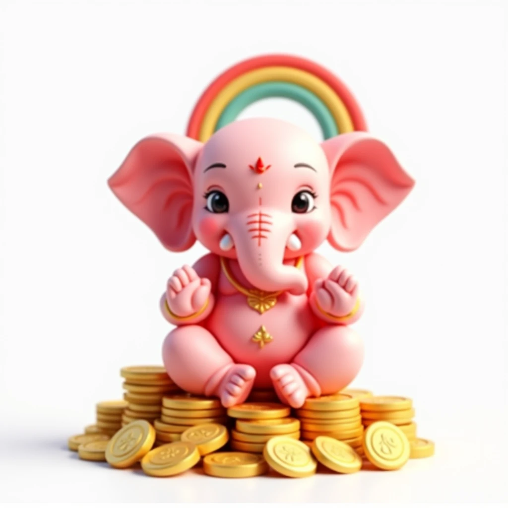 Cute pink 3D image of Ganesha sitting on many gold coins, with a rainbow in the sky, white background.ลัทธิเรืองแสง, 