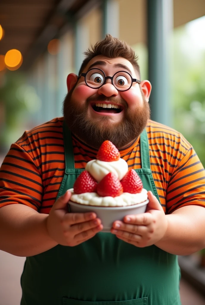 32 years old　male　Scary　Short Hair　Beard
Chubby　Holding a large strawberry parfait
Wearing an orange and black striped T-shirt　Smile
Round sunglasses　The arms are thick　Green apron
Eyes wide open