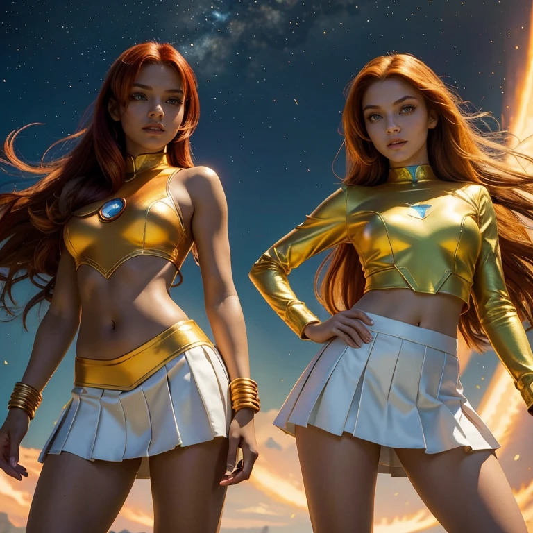 (masterpiece, best quality:1.5), highest quality, High resolution, super detailed, Realists, Full body photo of 18-year-old Starfire from Teen Titans, detailed and beautiful green eyes, beautiful detailed lips, very detailed eyes and face, longeyelashes, additional eyebrows in the forehead area, Beautiful and colorful makeup, Fighting Pose, dark red hair, ponytail hairstyle, orange skin, bright daylight, bright colors, fine brushstrokes, Portrait style, beautiful color palette, glowing skin, First-class rendering, that captures every detail, enchanting atmosphere, (perfect anatomy:1.2), (The two stunning Starfires in white gold Tamaran uniform with short skirt.Animated series Teen Titans 2003, Starfire flies through the air, Energy radiates from their hands. She radiates energy, panoramic view:1.2)