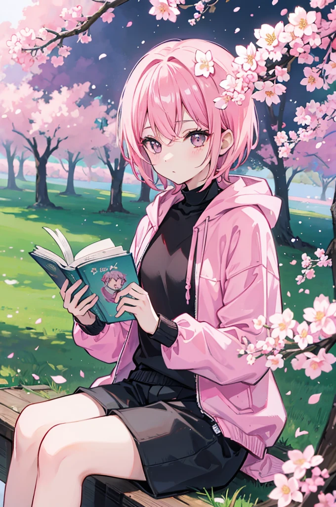 sitting under a cherry blossom tree reading a book、Pink short hair、Wearing a pink hoodie, a black turtleneck, and black long pants.、youth、man、male