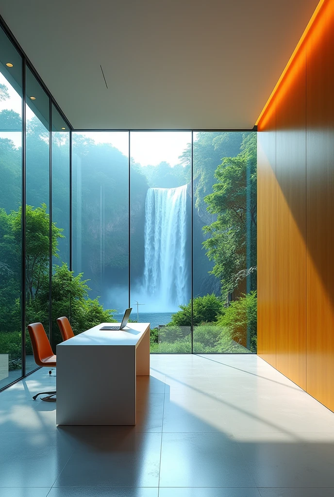 A square photo of modern office room with modern office table with two glass windows showing the view of beautiful waterfall with greenary background and right side long blank wall with gold touch and flat ceiling and futurist photo with calm and cool and colourful, inside the room should be colourful. 