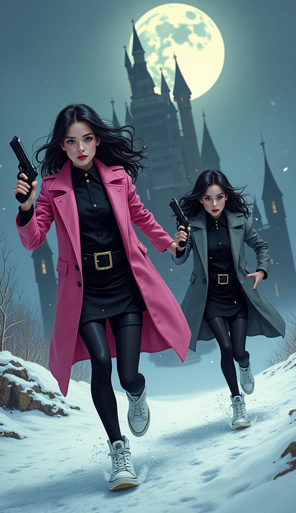Two girls, long black hairs, yuri, Vampire Hunters
The first girl wear a pink long coat, black shirt, pink pencil skirt, black underpants, black tights, black gloves, white sneakers high top, holding a pistol gun on right hand.
The second girl wore a grey long coat, black shirt, grey pencil skirt, black underpants, black tights, black gloves, white sneakers high top, holding a pistol gun on left hand.
running forward and heading towards the vampire castle, snowing, grey blue sky, moon, cartoon novel, 4K, HD