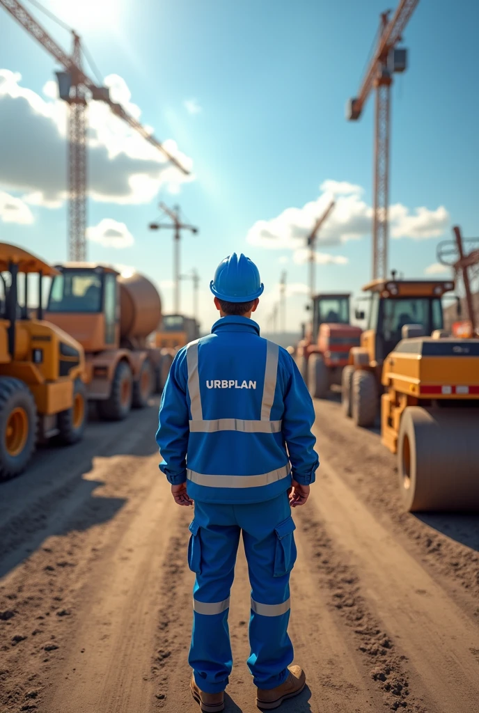 An image of a man wearing blue PPE with the word 'URBPLAN' written in white. He is standing at a construction site in Brazil, under a sunny sky. The man is observing various civil engineering equipment, including a concrete mixer, soil compactor, jackhammer, drill, welding machine, and other tools. The overall color scheme of the image should predominantly feature shades of blue, with the bright sunlight highlighting the scene