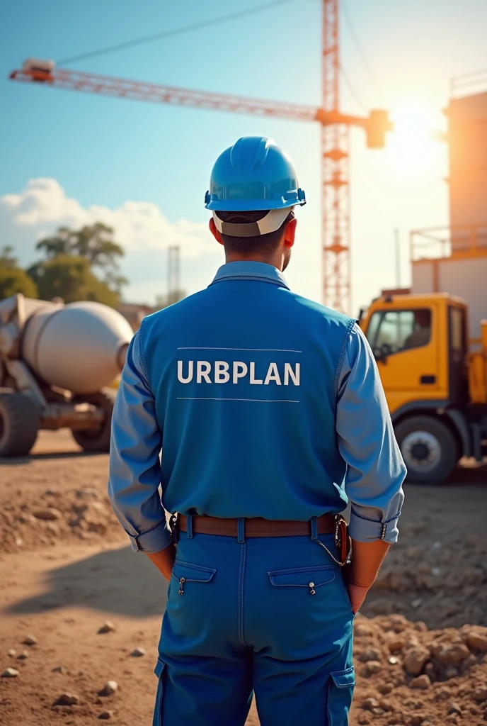 An image of a man wearing blue PPE with the word 'URBPLAN' written in white. He is standing at a construction site in Brazil, under a sunny sky. The man is observing various civil engineering equipment, including a concrete mixer, soil compactor, jackhammer, drill, welding machine, and other tools. The overall color scheme of the image should predominantly feature shades of blue, with the bright sunlight highlighting the scene