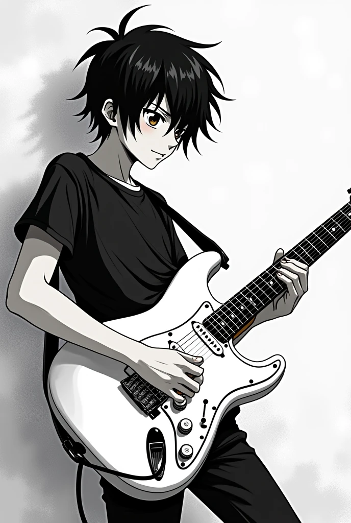 Make a black white anime picture of a guitarist playing on a Stratocaster