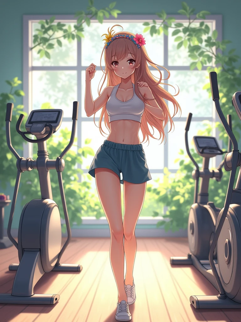 A pretty girl, 1 girl, doing exercises, in a morden exercise room, wearing beautiful casual clothes, pretty eyes, niji anime version, fantasy, pretty face, long hair, flowers headband, highest quality, 8k