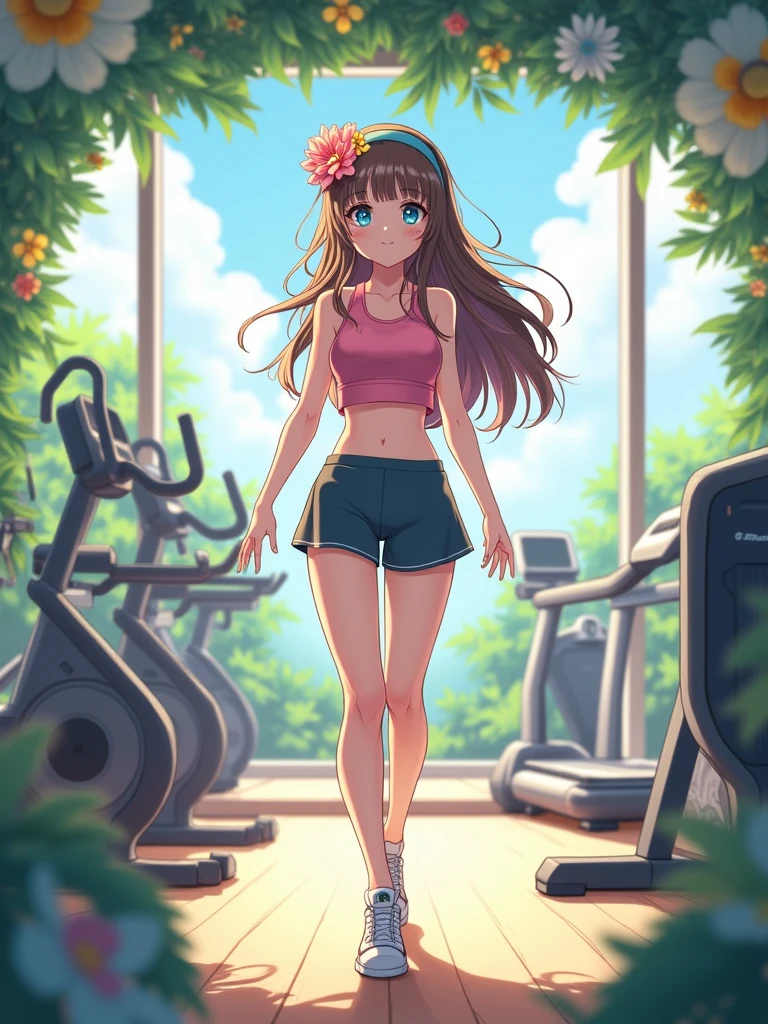 A pretty girl, 1 girl, doing exercises, in a morden exercise room,  wearing beautiful casual clothes, pretty eyes, niji anime version, fantasy, pretty face, long hair, flowers headband, highest quality, 8k