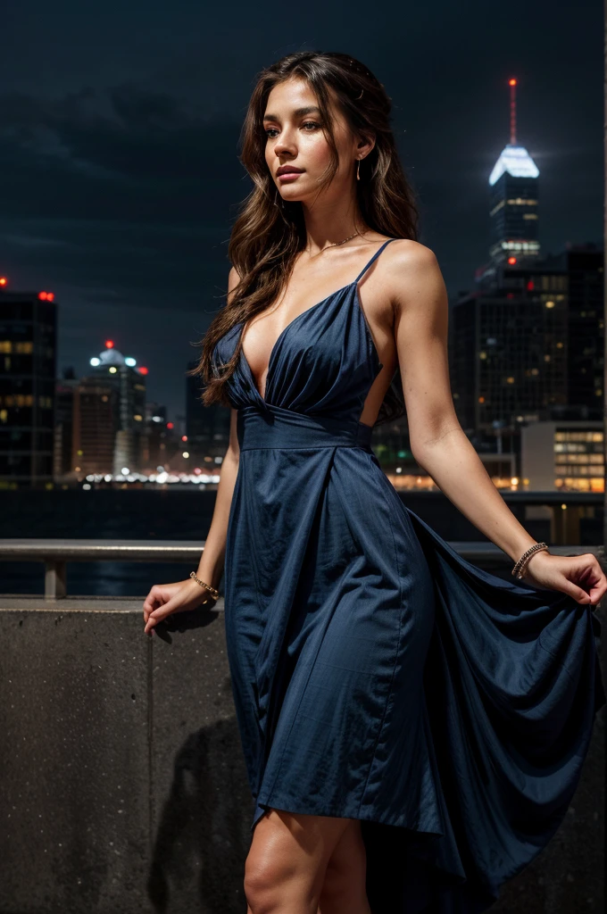 "Create a detailed image of a woman in a modern and sophisticated setting. She should be standing in an urban environment with a city skyline at dusk in the background, with soft neon lights reflecting off tall glass buildings. The woman should have a confident and contemplative expression, looking straight ahead. Her hair should be styled in loose, natural waves cascading over her shoulders. She is wearing a long, flowing navy blue dress that enhances her elegant posture. Add subtle accessories, such as small earrings and a thin bracelet. The lighting should be soft, naturally highlighting her facial features and emphasizing the depth of the urban backdrop. Ensure the color palette conveys a sense of sophistication and modernity."