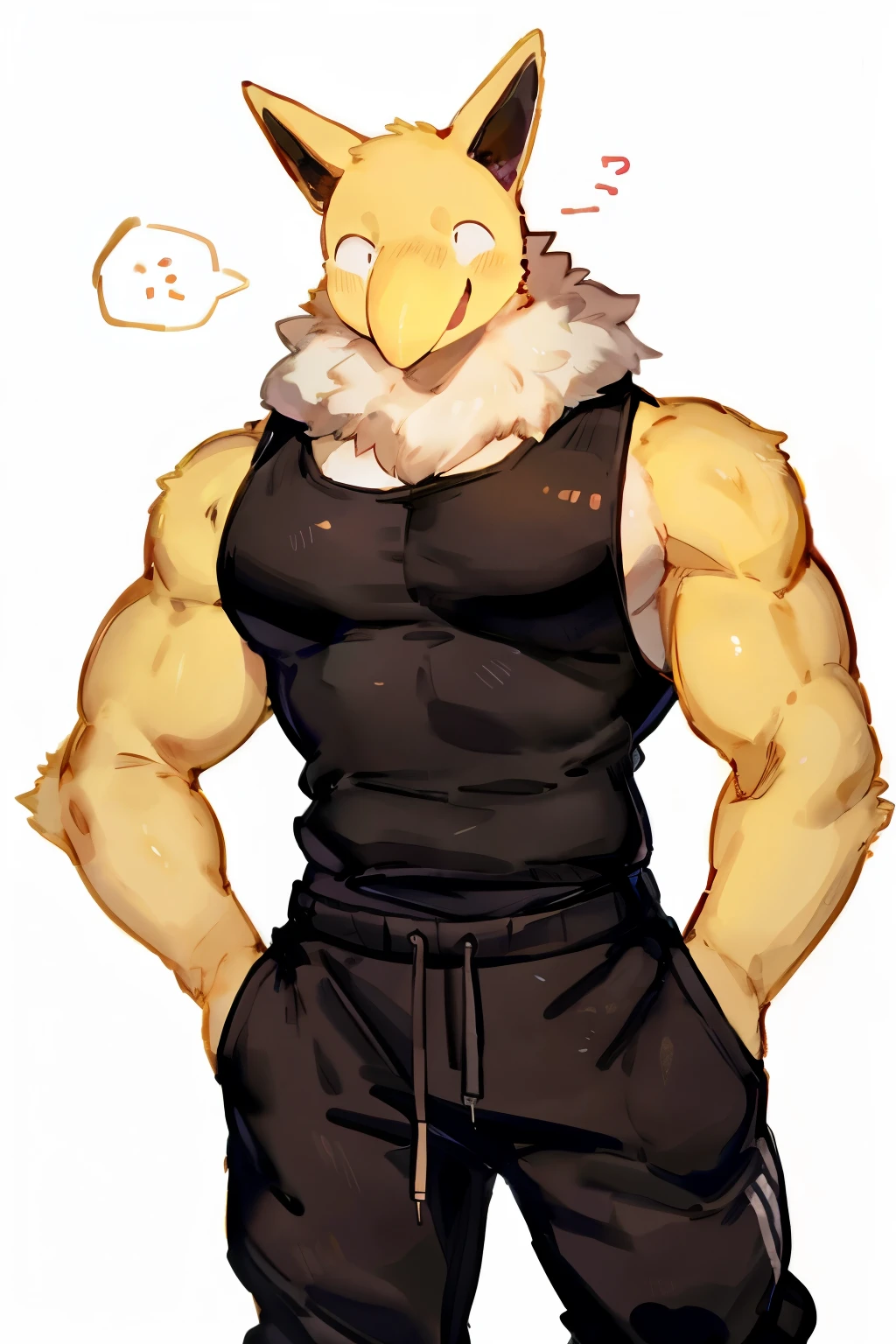 Furry, Anthro, solo, Hypno, Male, (((muscular body, massive male pectorals, yellow-gold skin, fluffy neck, wearing white fur around neck))), ((((massive biceps, wide-eyed, head tilted)))), ((((((massive bulky torso, happy, wearing black full male tanktop, wearing black sweatpants)))))), upper body, black/yellow spraypainted background, by buta99, by zackary911, by bebebebebe, (((digital painting)))