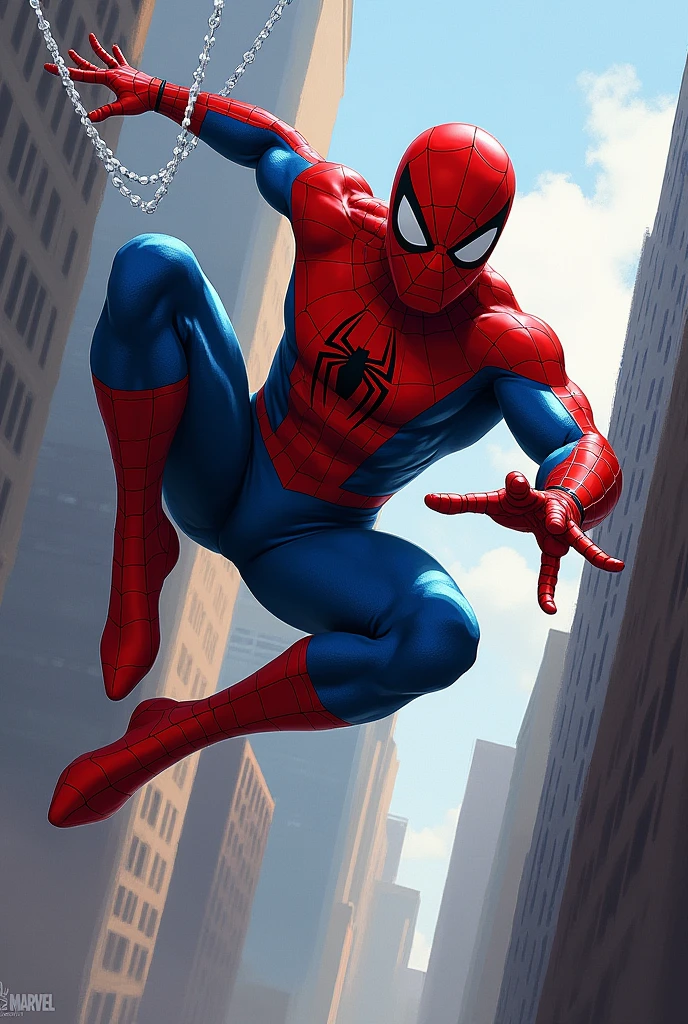 You can create images of The Amazing Spider-Man with his red and blue suit and a small black spider on his chest in a Marco Checceto art style with a building in the background.?
