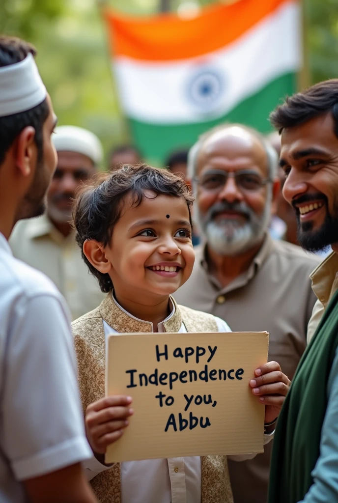 Make a meme Of indian men with A pakistani child with muslim dress saying Happy Independence to you abbu to Indian men with flag
