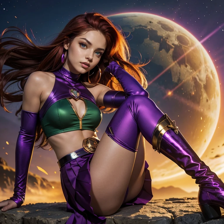 (​masterpiece, best quality:1.5), highest quality, High resolution, super detailed, Realists, Full body photo of 18-year-old Starfire from  Titans, detailed and beautiful green eyes, beautiful detailed lips, very detailed eyes and face, longeyelashes, additional eyebrows in the forehead area, Beautiful and colorful makeup, Fighting Pose, dark red hair, ponytail hairstyle,  orange skin, bright daylight, bright colors, fine brushstrokes, Portrait style, beautiful color palette, glowing skin, First-class rendering, that captures every detail, enchanting atmosphere, (perfect anatomy:1.2), (The two stunning Starfire wear a shiny purple top with shoulder plate, a short purple pleated skirt , purple overknee boots and long gloves .Animated series Teenans 2003, Starfire flies through the air,  Energy radiates from their hands. She radiates energy, panoramic view:1.2)