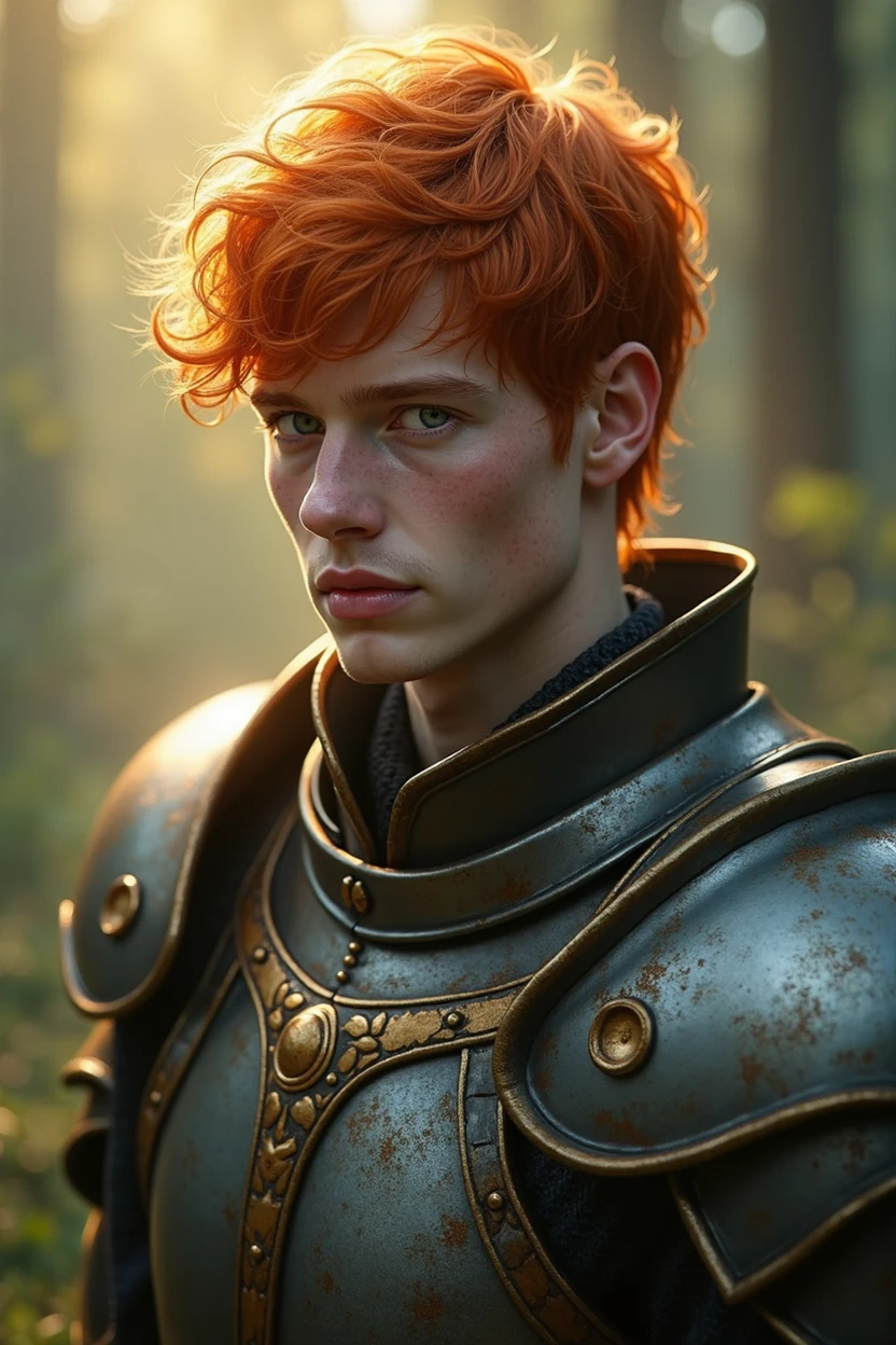Photo réaliste Tres beau jeune homme charmant regard et tête angelique cheveux roux yeux bleu perçant lèvres roses et brillante en armure sous le soleil dzns un forêt brouillard