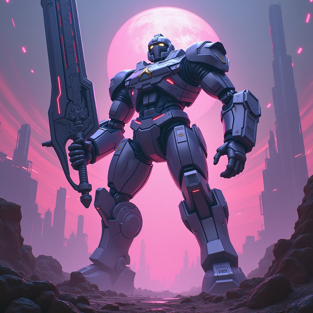Giant Weapon in hand, full body, Synthwave art style, retro-futuristic aesthetic, vibrant neon colors, nostalgic 80s imagery, futuristic landscapes, nostalgic and atmospheric, (best quality, masterpiece, photorealistic), very aesthetic, perfect composition, intricate details, ultra-detailed, vivid colors