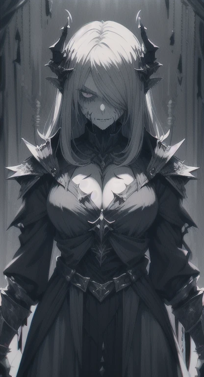 Undead, Pale skin, living corpse, dark lord, devil armor, Zelda, decaying zombie, glaring at viewer, scars,