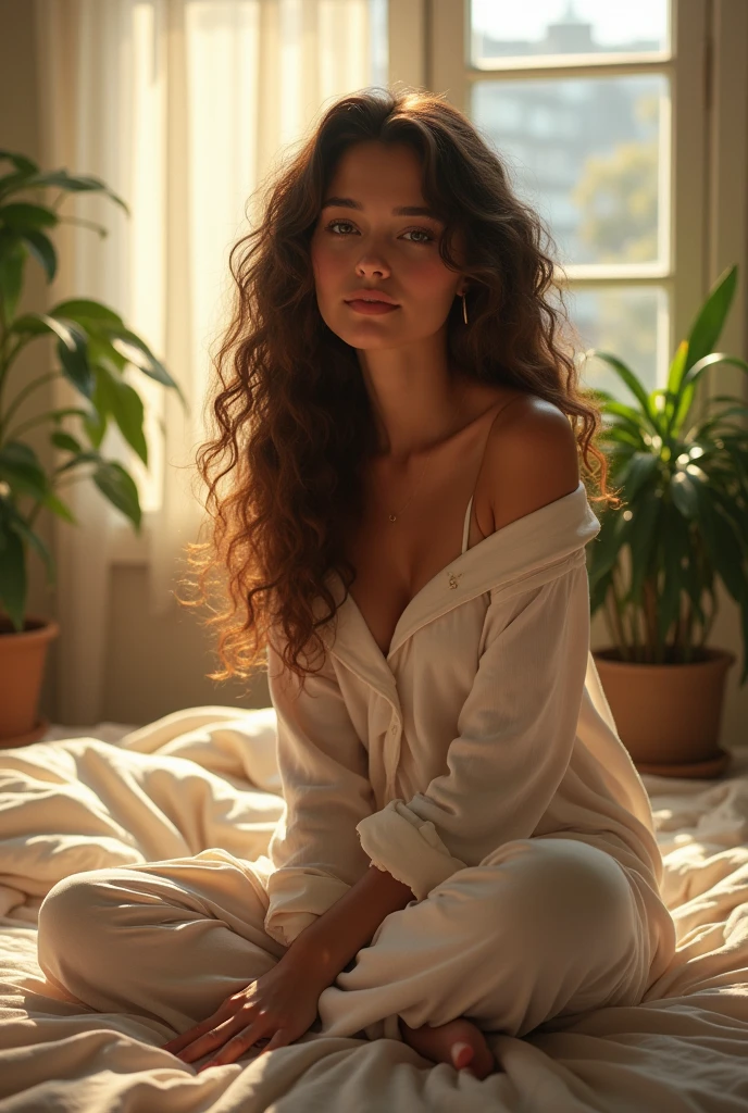 (photorealism:1.2), beautiful woman, sitting on bed, wearing loose off-shoulder top, pajama pants, long curly hair, indoors, soft lighting, plants in background, window with sunlight, cozy room, relaxed pose, realistic, intricate details, warm colors, by Greg Rutkowski, by Alphonse Mucha