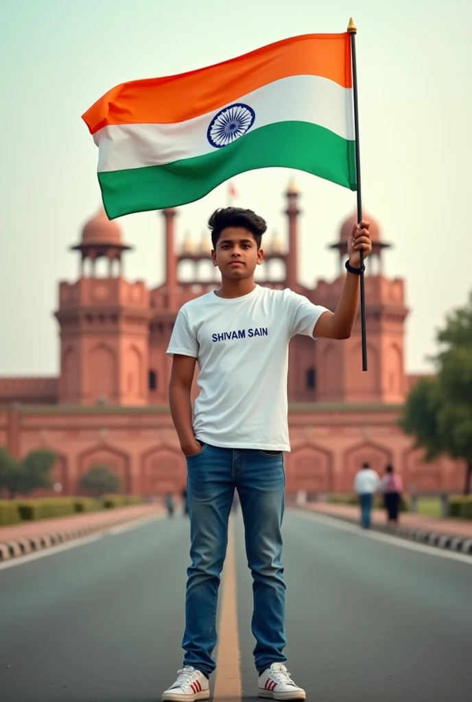 Generate a Realistic 19 years old boy, Wearing White T shirt blue lower sneakers and the name "SHIVAM SAiNi" is written on his t-shirt and the boy is standing on the road with holding a national flag of India, and behind him is the Red Fort Delhi. And written on sky "Independence Day" Create Realistic image high quality
