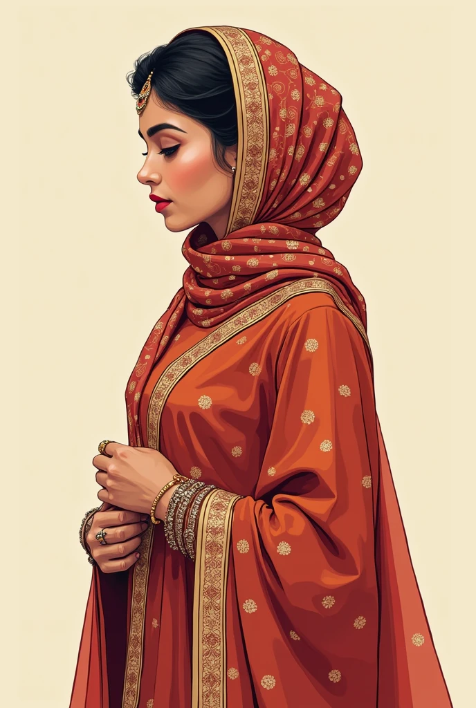 A vector girl from side profile for profile picture without showing the face in muslim indian traditional wear