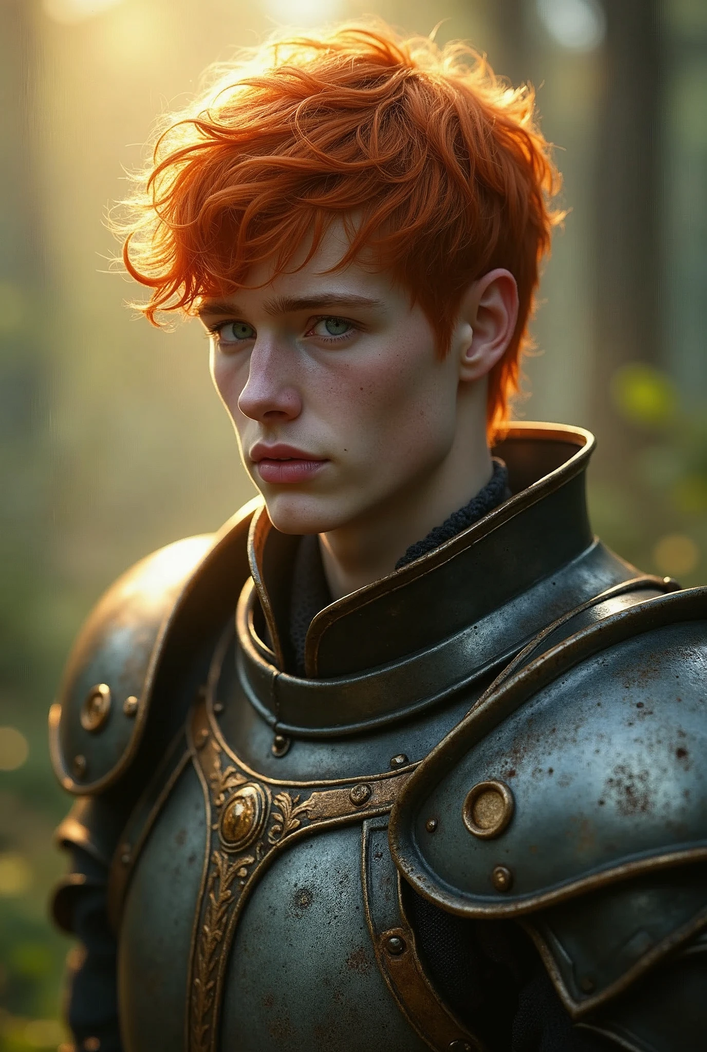 Photo réaliste Tres beau jeune homme charmant regard et tête angelique cheveux roux yeux bleu perçant lèvres roses et brillante en armure sous le soleil dzns un forêt brouillard