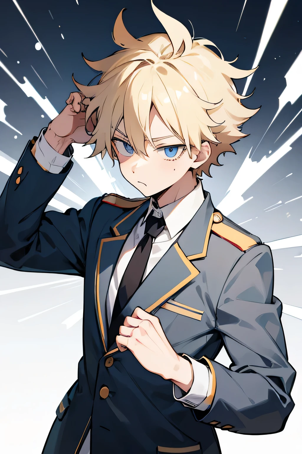 1boy, blonde hair, blue eyes, messy hair, short hsir, UA high uniform, my hero academia uniform, school uniform, grey blazer