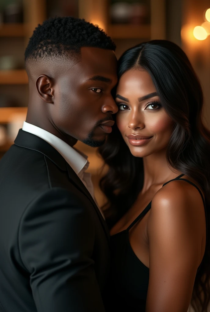 Stunning medium shot photograph of an African American couple 1 handsome black man with short fade haircut luxury black camsa, 1 beautiful Latin woman with dark skin chocolate color eyes looking at viewer emerald green color, seductive body 95-60-100 balanced , perfect beauty, long silky hair with waves, romantic scene