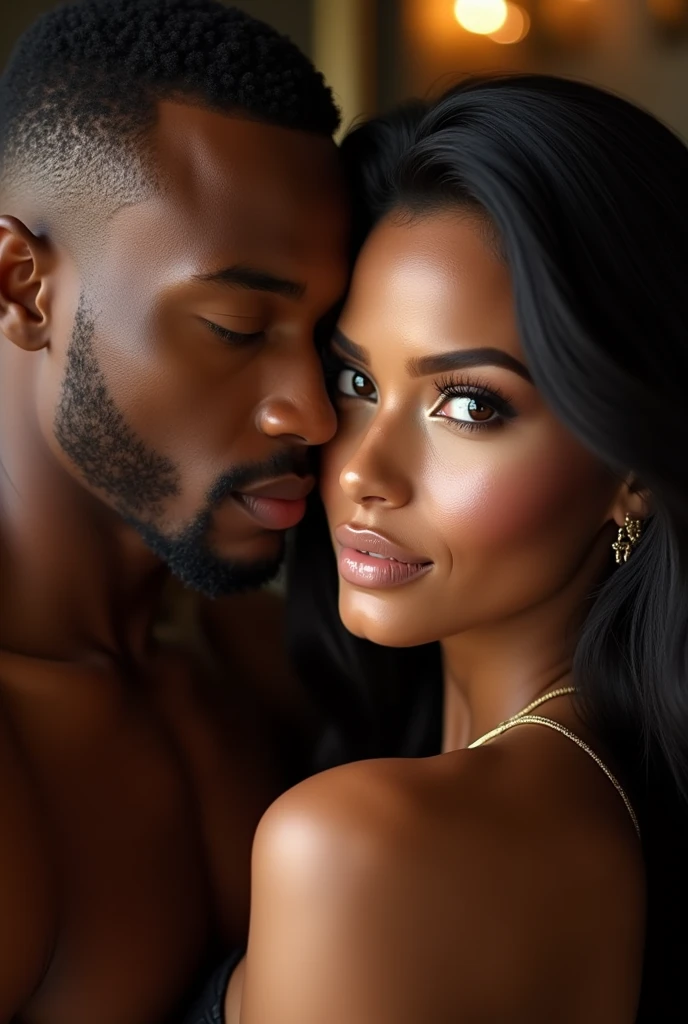 Stunning medium shot photograph of an African American couple 1 handsome black man with short fade haircut luxury black camsa, 1 beautiful Latin woman with dark skin chocolate color eyes looking at viewer emerald green color, seductive body 95-60-100 balanced , perfect beauty, long silky hair with waves, romantic scene