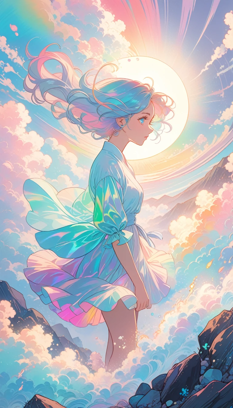Soft pastel colors, Cartoon-style illustration of a woman looking at the world while experiencing hallucinations, Stones were thrown at, Splash Art, Splash Pastel Colors, (soft Iridescent glowy smoke) Motion Effect, Highest quality, Wallpaper Art, Ultra-high resolution, Centered Images, M Schiffer Art, ((Flat Color)), (Cel-shaded style) Very vivid neon colors, ((Low saturation)) Incline, Iridescent,