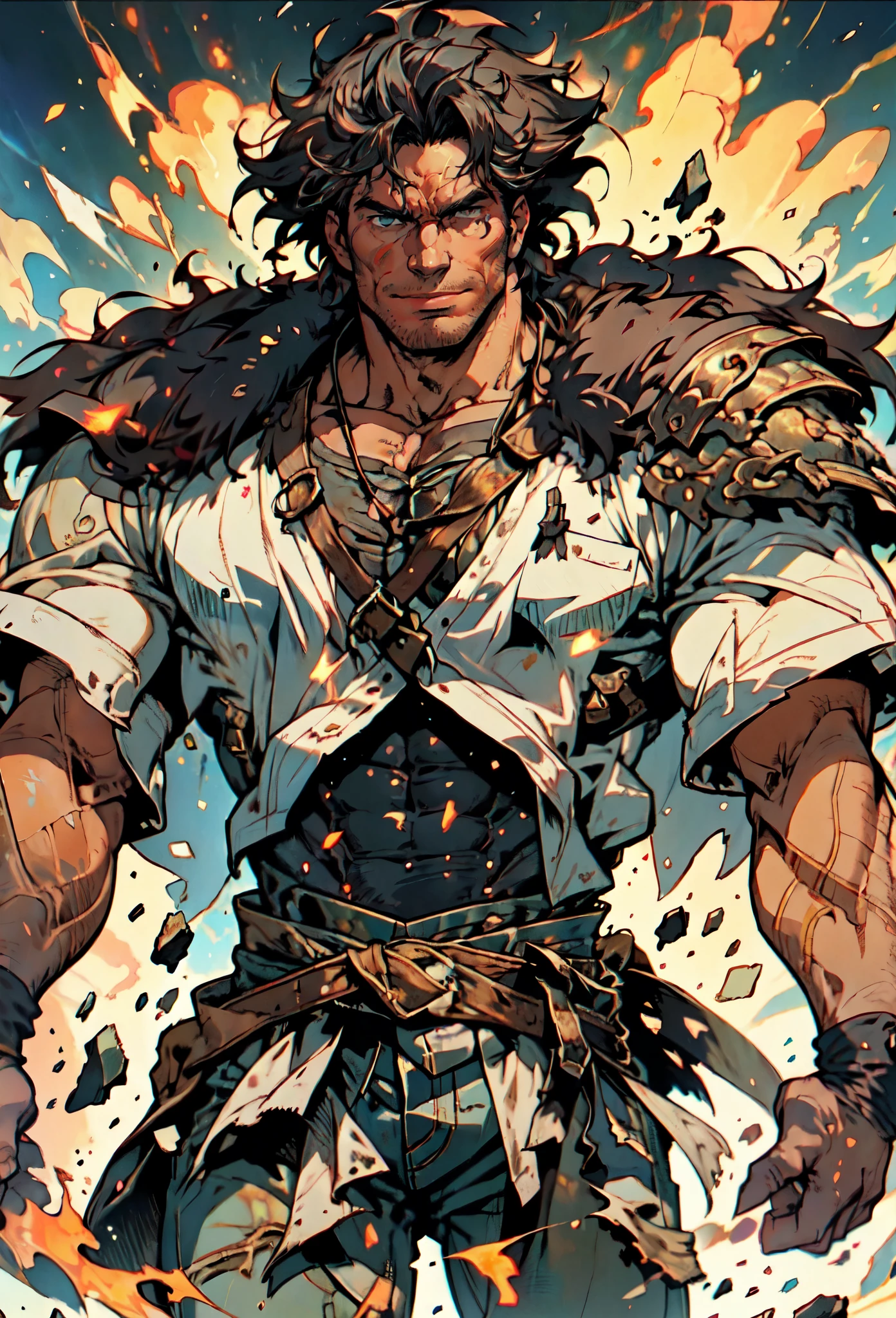 A middle-aged man of about 40, long hair in a striking red and black combination, wild and disheveled hairstyle, a fierce gaze, a confident smile, A lightning-shaped tattoo adorns his left face , a sturdy physique, a majestic fantasy-style coat with short sleeves, a form-fitting scale armor undershirt, Black fur shawl, wrist guards on his wrists, coarse cloth pants, e stands tall like a divine figure against a background of crumbling earth, with floating debris all around, this character embodies a finely crafted child with a fantasy-style dominant in anime style, characterized by an exquisite and mature manga illustration art style, high definition, best quality, highres, ultra-detailed, ultra-fine painting, extremely delicate, professional, anatomically correct, symmetrical face, extremely detailed eyes and face, high quality eyes, creativity, RAW photo, UHD, 8k, Natural light, cinematic lighting, masterpiece-anatomy-perfect, masterpiece:1.5